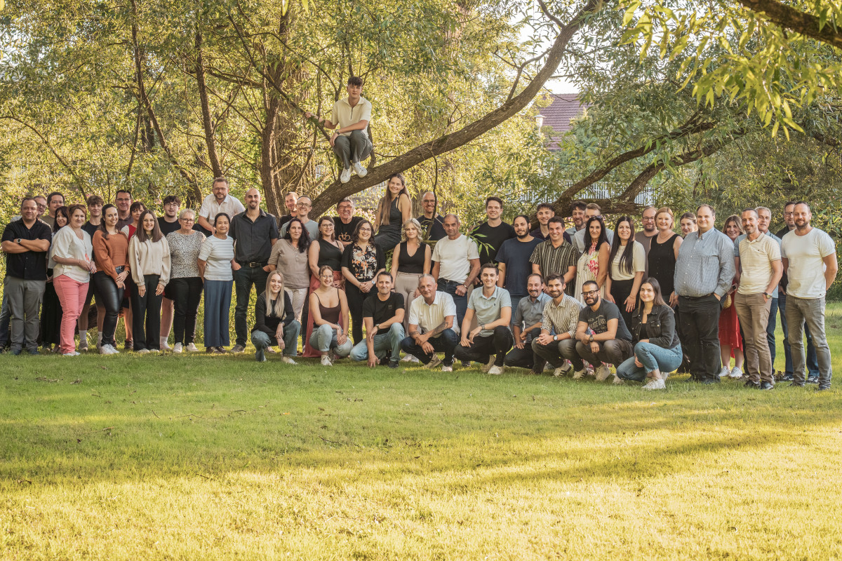 Gruppenfoto der Belegschaft auf einer Wiese unter B&auml;umen, ein Kollege sitzt auf einem Ast