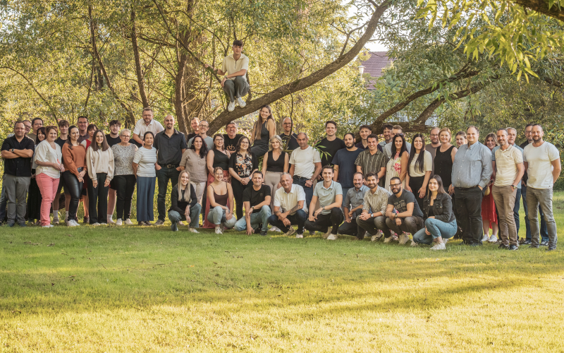 Gruppenfoto der Belegschaft auf einer Wiese unter B&auml;umen, ein Kollege sitzt auf einem Ast